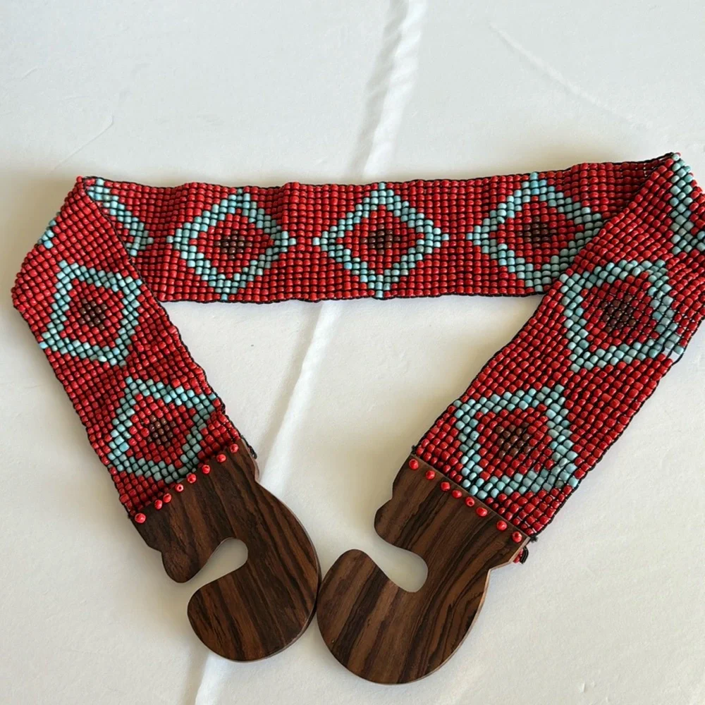 LC Women Handcrafted Orange Seed Beaded Stretch Belt with Wooden Buckle